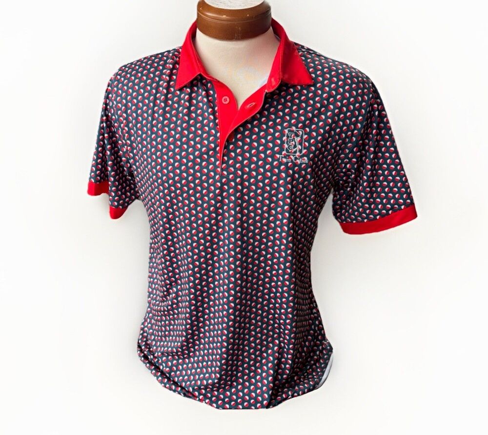 Waggle Golf Men's Polo Shirt Blue Red Bobber All Over Print Size L TPC Course